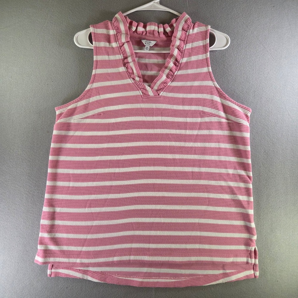 Crown & Ivy Womens XXL Pink White Striped Ruffle V-Neck Sleeveless Ribbed Top
